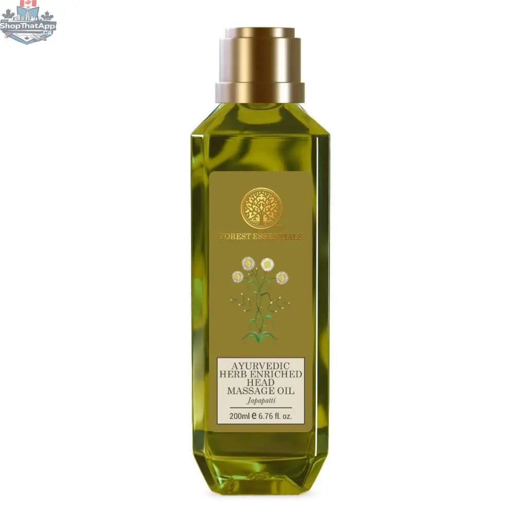 Ayurvedic Herb Enriched Head Massage Oil by Forest Essentials, featuring natural herbs in a glass bottle for personal care.