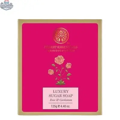 Luxury Forest Essentials Sugar Soap with Rose and Cardamom for enriching skin care, displayed in a natural setting.