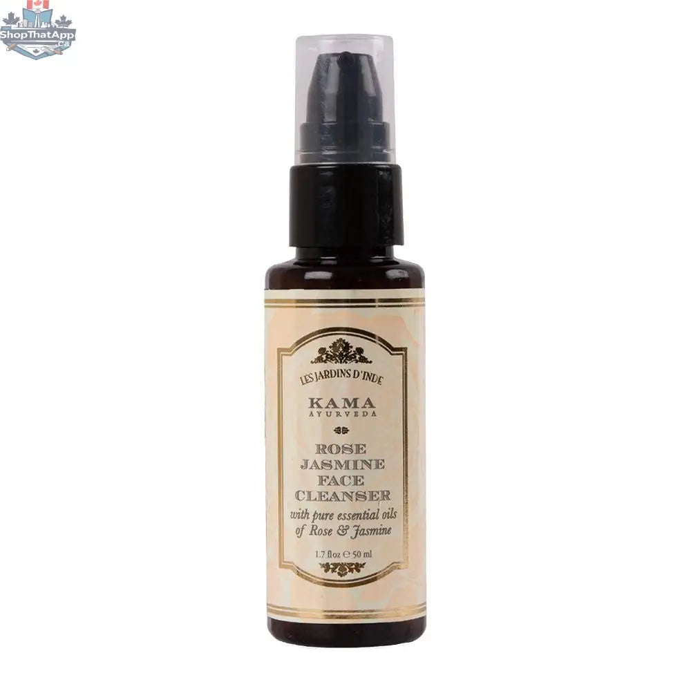 Kama Ayurveda face cleanser with rose and jasmine for radiant skin, in a clear bottle with a pump dispenser.