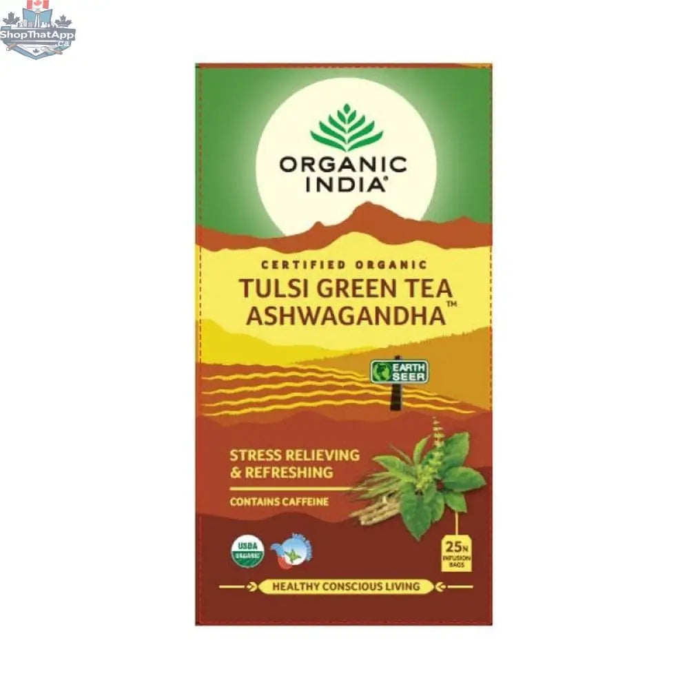 Organic Tulsi Green Tea with Ashwagandha by Prithvi Mart, brewed in a cup with tea leaves and herbs for stress relief and wellness.