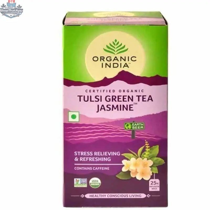Organic Tulsi Green Tea with Jasmine from Prithvi Mart, 25 tea bags, featuring fresh green tea leaves, tulsi herbs, and jasmine blossoms.