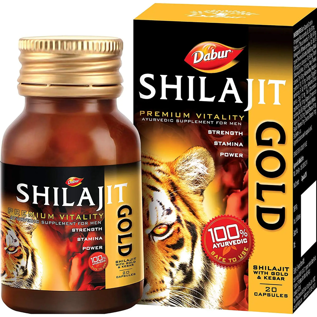 Prithvi Mart Dabur Shilajit Gold supplement for enhanced vitality and wellness, showing the product packaging and jar.