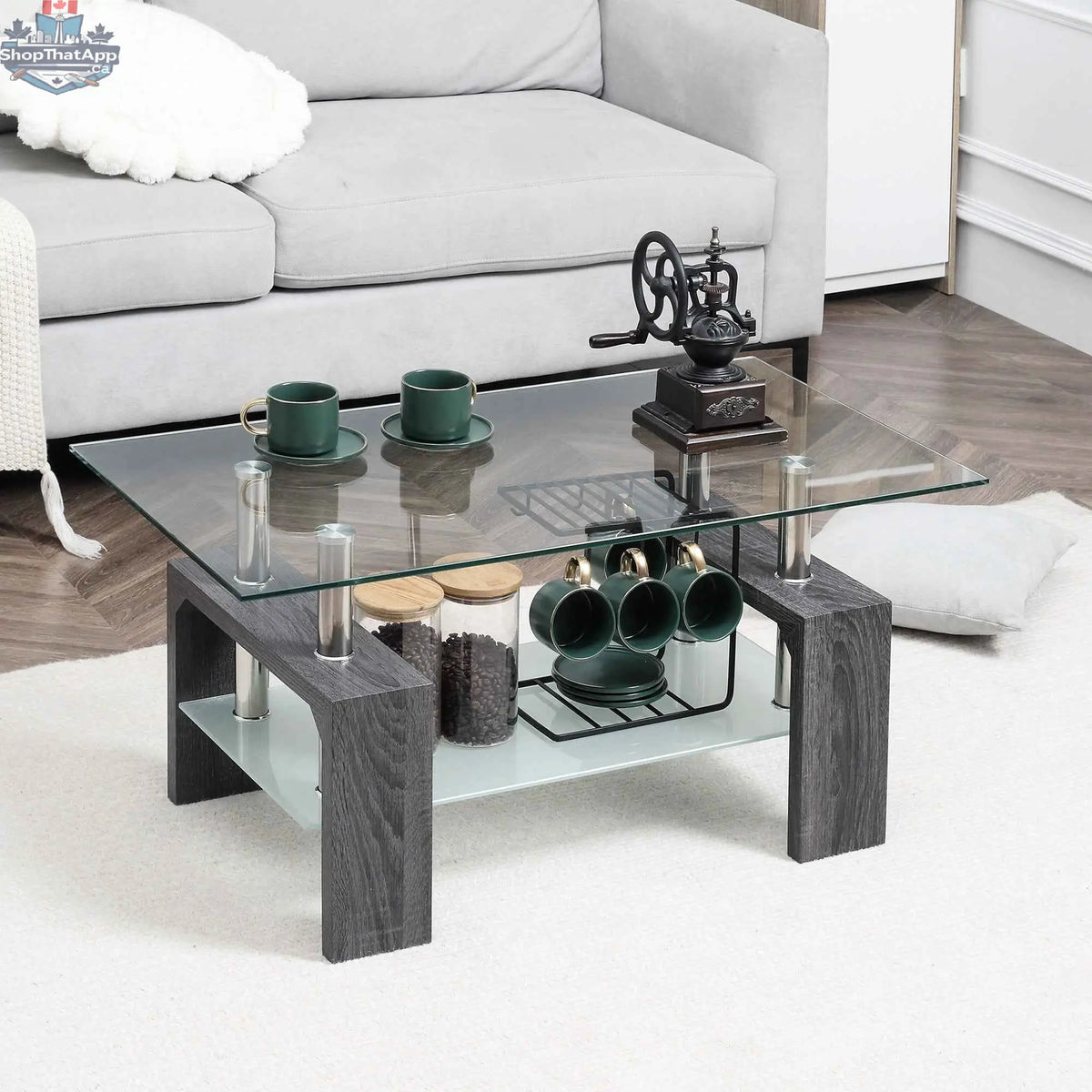 Sutton glass coffee table by SLOTH Nation with a tempered glass top and grey finish, modern furniture piece for living room decor