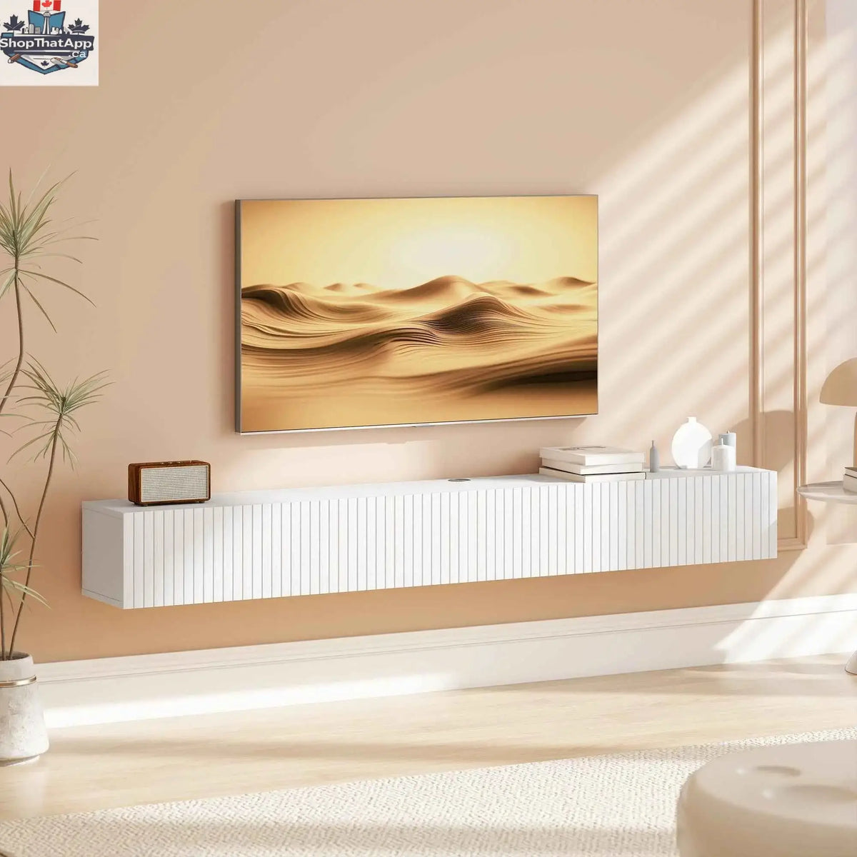 White Jesse floating TV stand with 2 fluted flip-down doors, designed for TVs up to 75 inches, from SLOTH Nation.