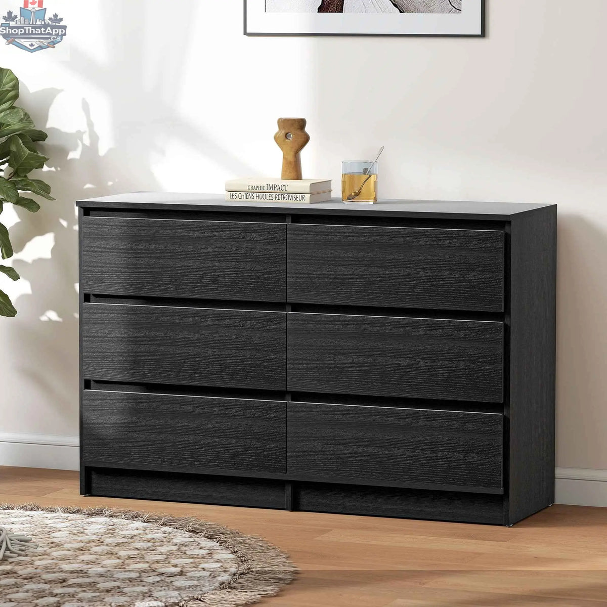 SLOTH Nation River Black 6 Drawer Dresser with sleek modern design, ideal for bedroom, living room, or hallway storage.