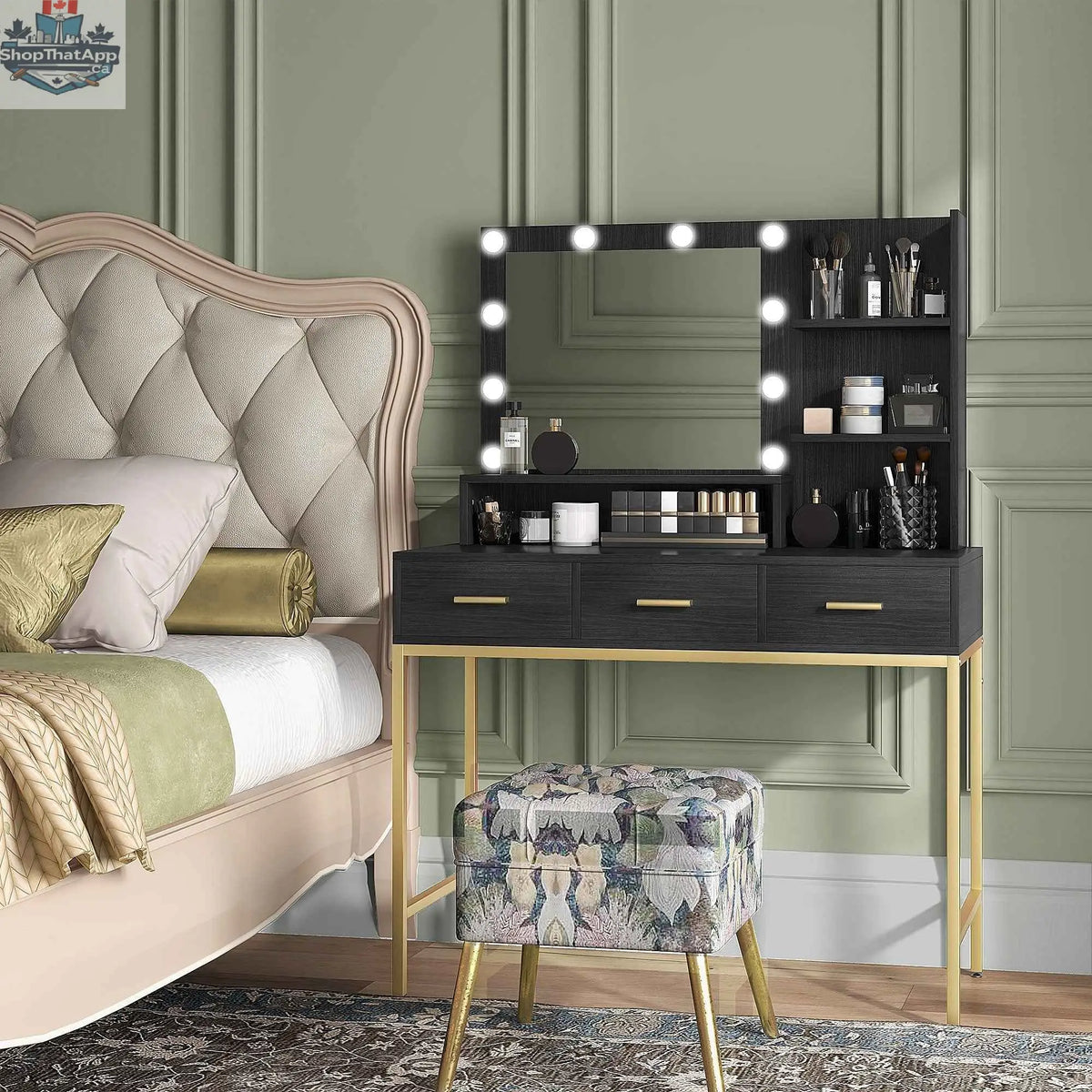 Sophia illuminated makeup table by SLOTH Nation with LED lights, black finish, and three drawers for bedroom storage.