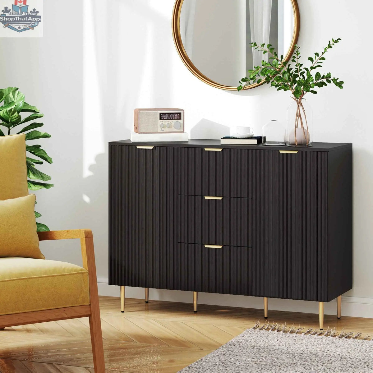 Black Ellis Kitchen Buffet Cabinet by SLOTH Nation with three drawers, modern hallway storage cabinet, and sleek design.