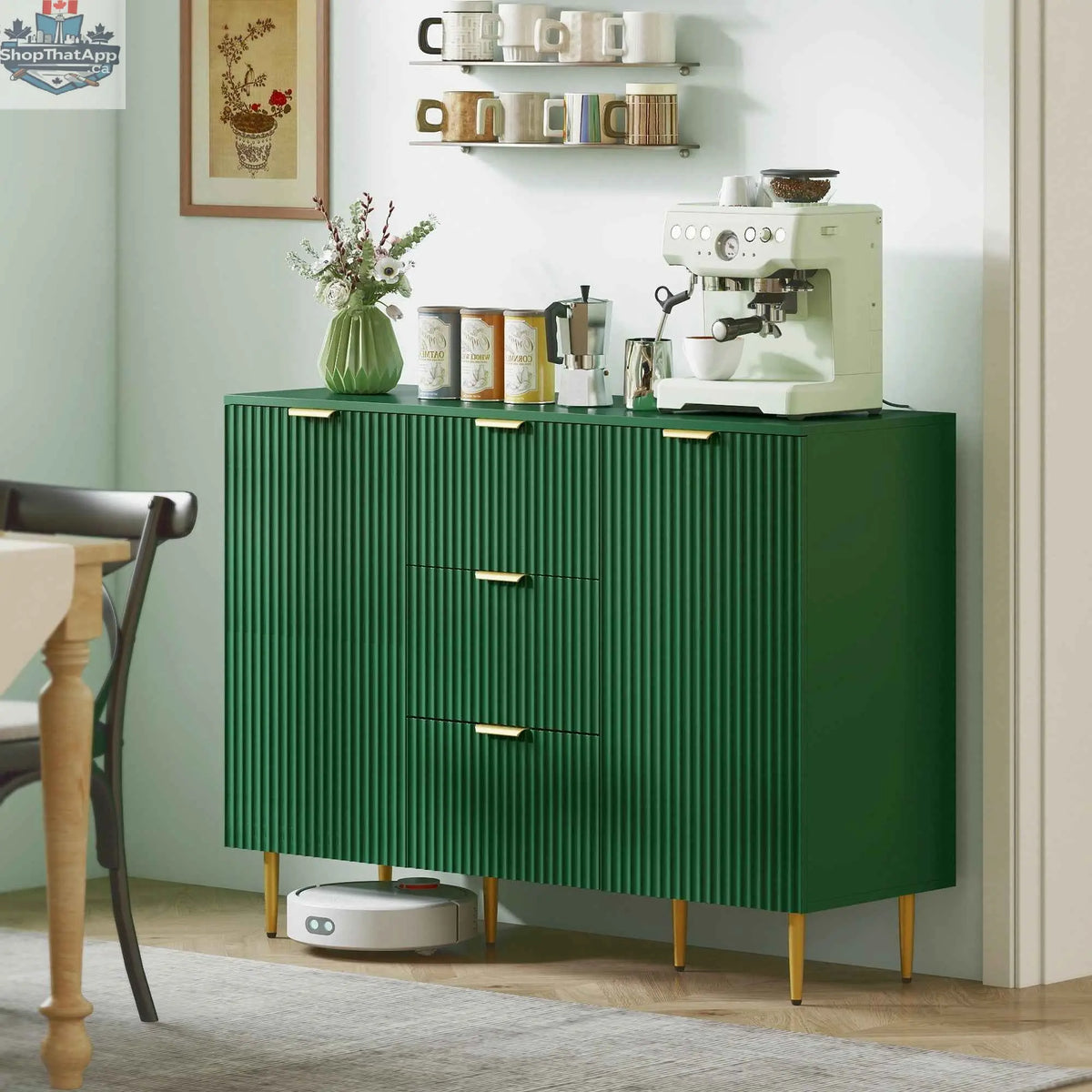 SLOTH Nation Ellis modern green buffet cabinet with three drawers, ideal for kitchen or hallway storage, in a contemporary style