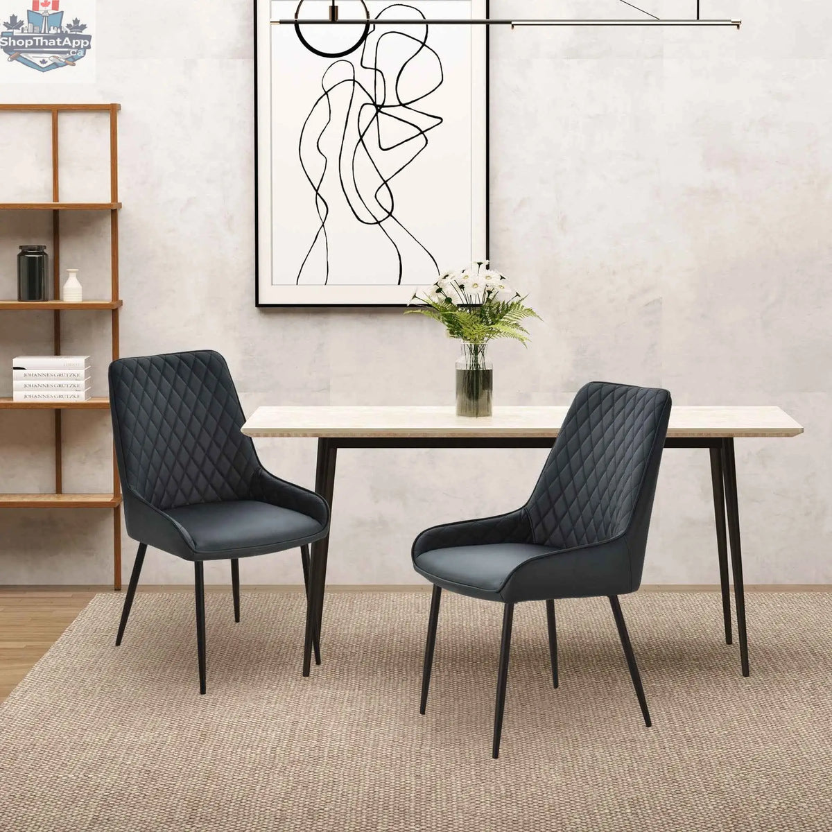 Set of two black Blake modern dining chairs with diamond tufting and steel legs by SLOTH Nation