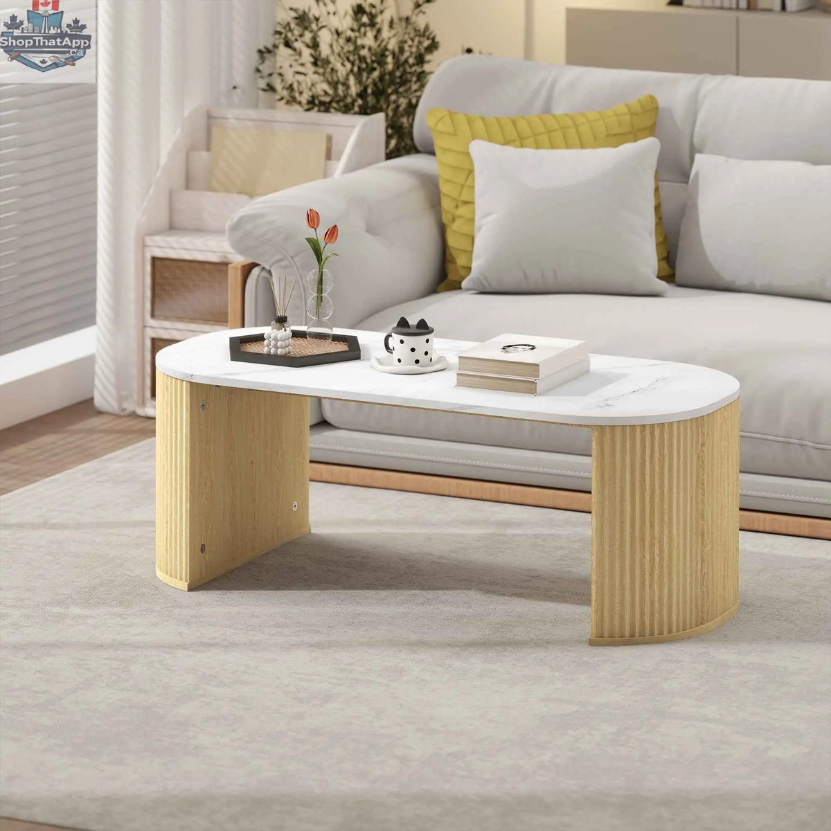 SLOTH Nation Cameron faux-marble coffee table with natural wood base, modern furniture piece for living room decor