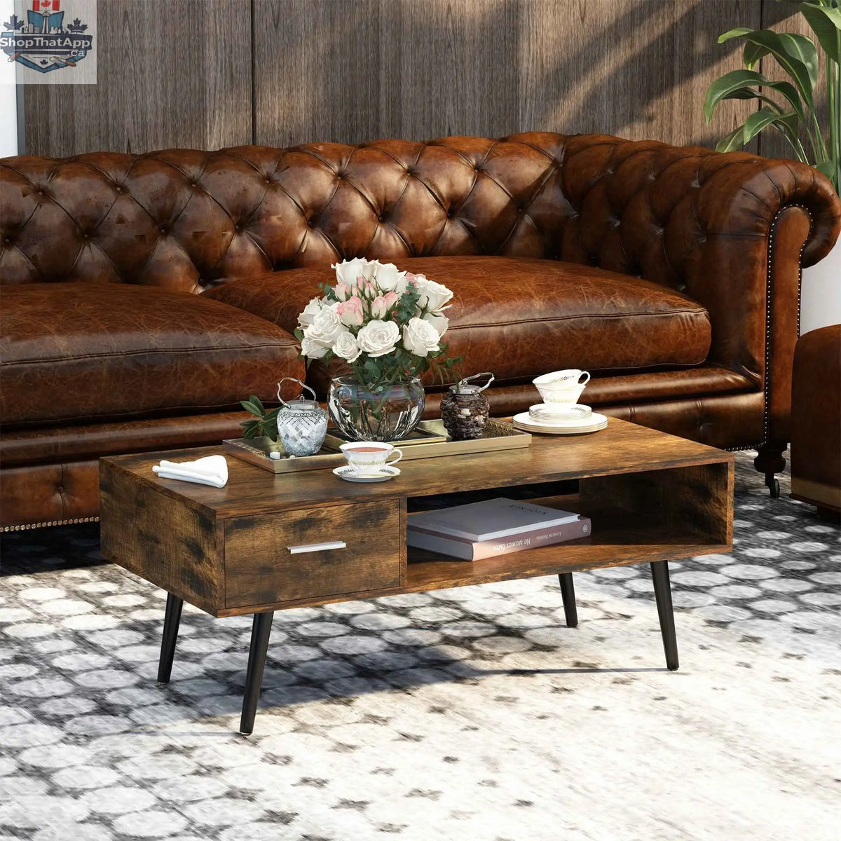 Rustic brown Omari Retro Coffee Table with storage shelf and drawer by SLOTH Nation, showcasing its wooden design and functional features.
