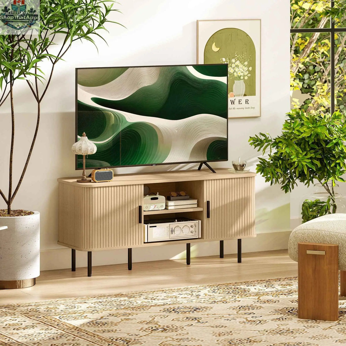 SLOTH Nation Darcy TV stand with storage shelves and cabinets in oak tone, suitable for TVs up to 55 inches, modern living room furniture