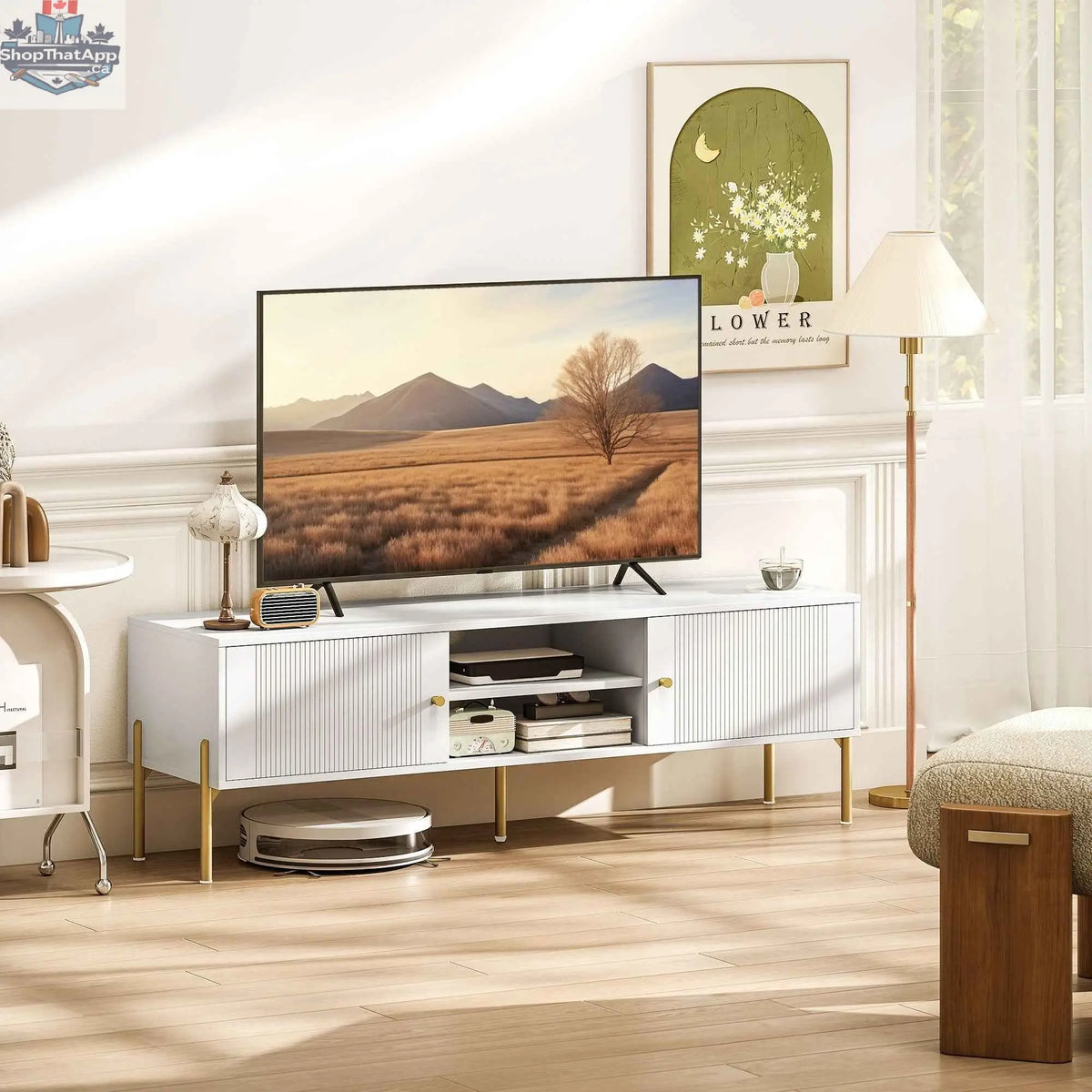 White 65-inch Harley TV stand by SLOTH Nation, designed for TVs up to 65 inches, featuring modern living room furniture style.