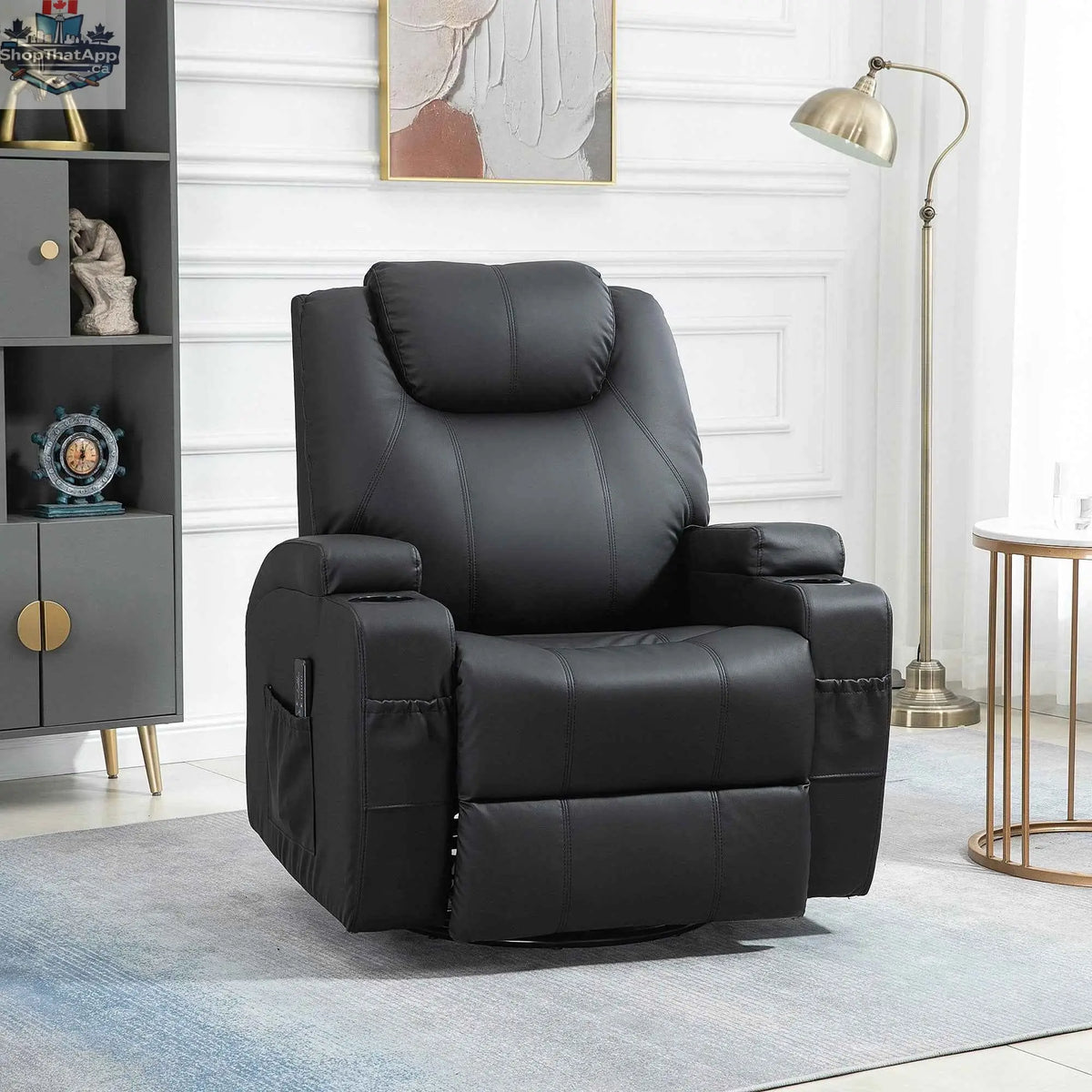 Black Brady massage recliner chair with swivel and rocker features, featuring 8 vibration points for home furnishings comfort.