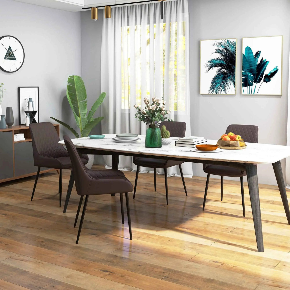 Set of four SLOTH Nation Blake vegan leather dining chairs in modern brown with diamond tufting, ideal for stylish kitchen and dining spaces.