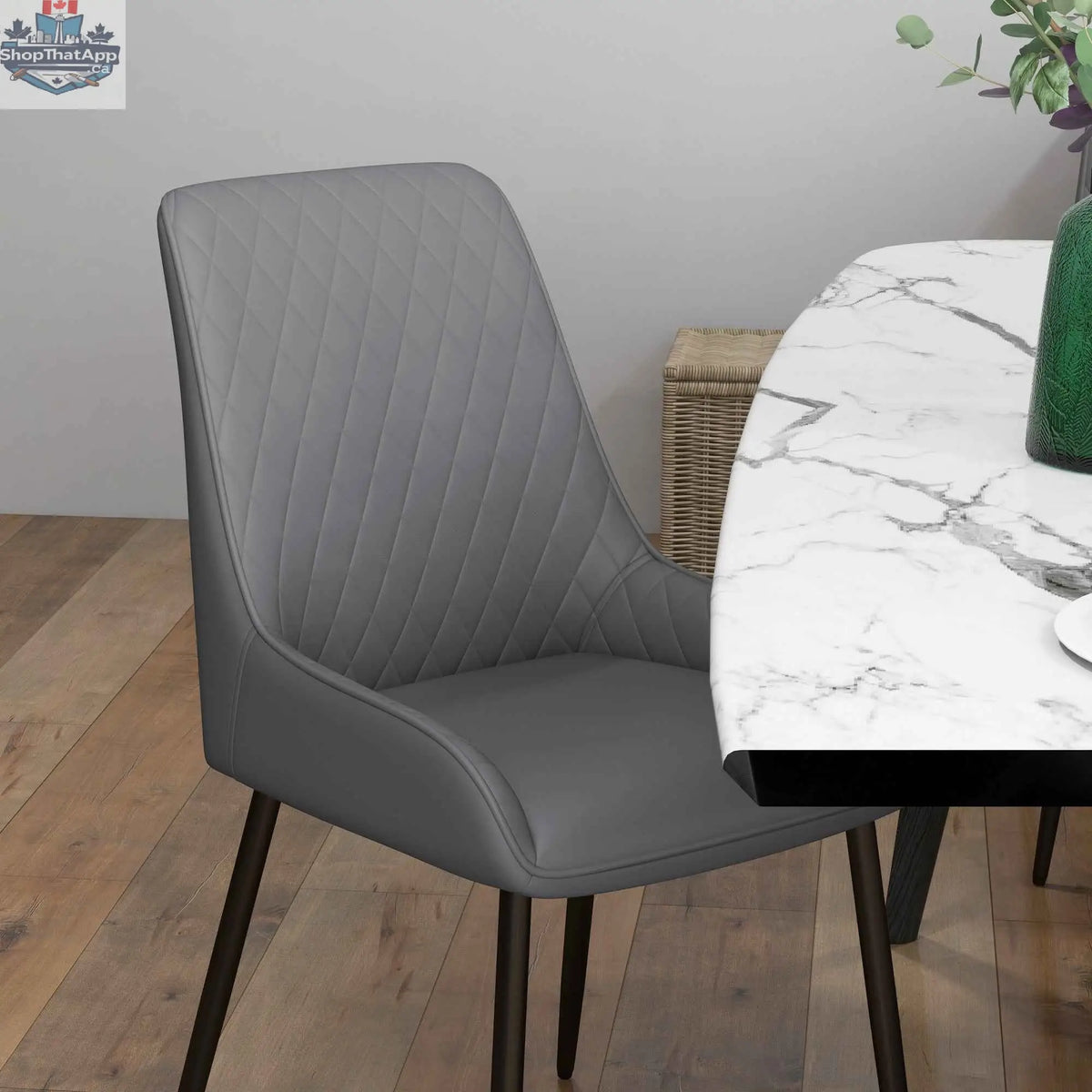 Set of four SLOTH Nation Blake vegan leather dining chairs with diamond tufting in grey, perfect for modern kitchen and dining rooms.