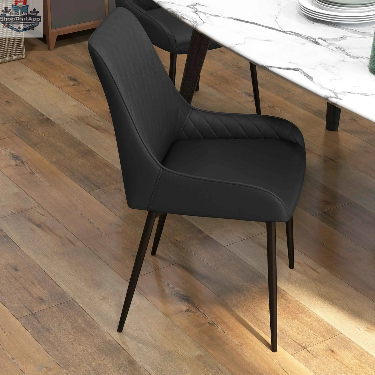 Set of four black Blake vegan leather dining chairs with diamond tufting by SLOTH Nation, stylish kitchen and dining furniture.