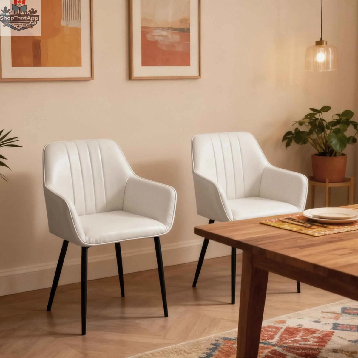Set of two Robbie beige modern dining chairs with armrests by SLOTH Nation, featuring sleek contemporary design and comfortable upholstery.