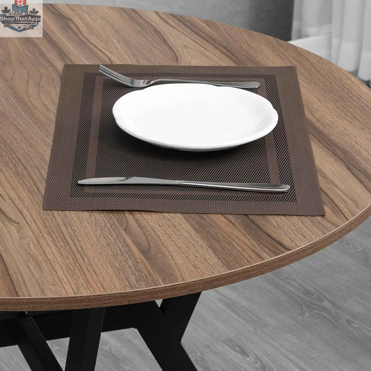 Ainsley 35-inch round dining table with brown finish and steel frame, ideal for kitchen and dining room seating.