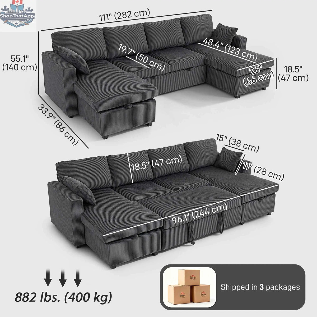 Grey Theo U-Shaped Sleeper Sectional with Storage Chaise from SLOTH Nation, showing the modern living room furniture with cushions and storage space.