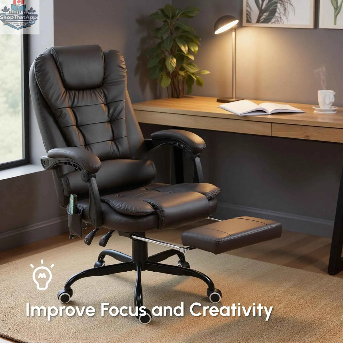 Brown Declan executive office chair by SLOTH Nation featuring 7-point massage, recline function, and ergonomic design.