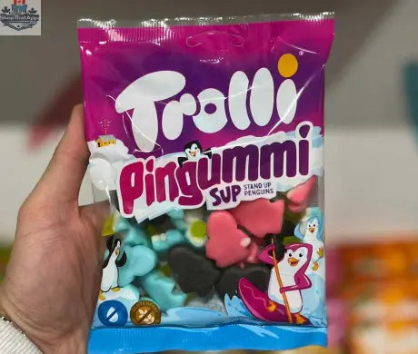 Colorful Trolli Pingummi Penguin candies in a 160g bag, featuring gummy penguin shapes from Snack Bar Co.