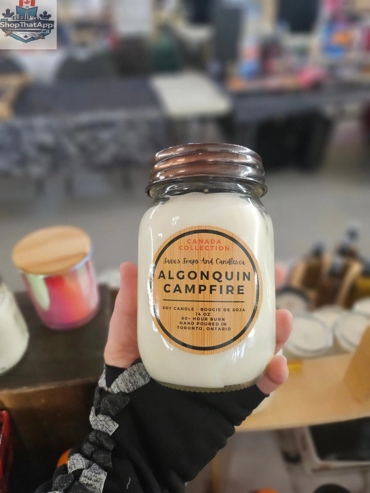 Algonquin Campfire Candle by Stopandsmellthecandles, 14oz soy wax candle in a jar, creating a cozy campfire atmosphere.