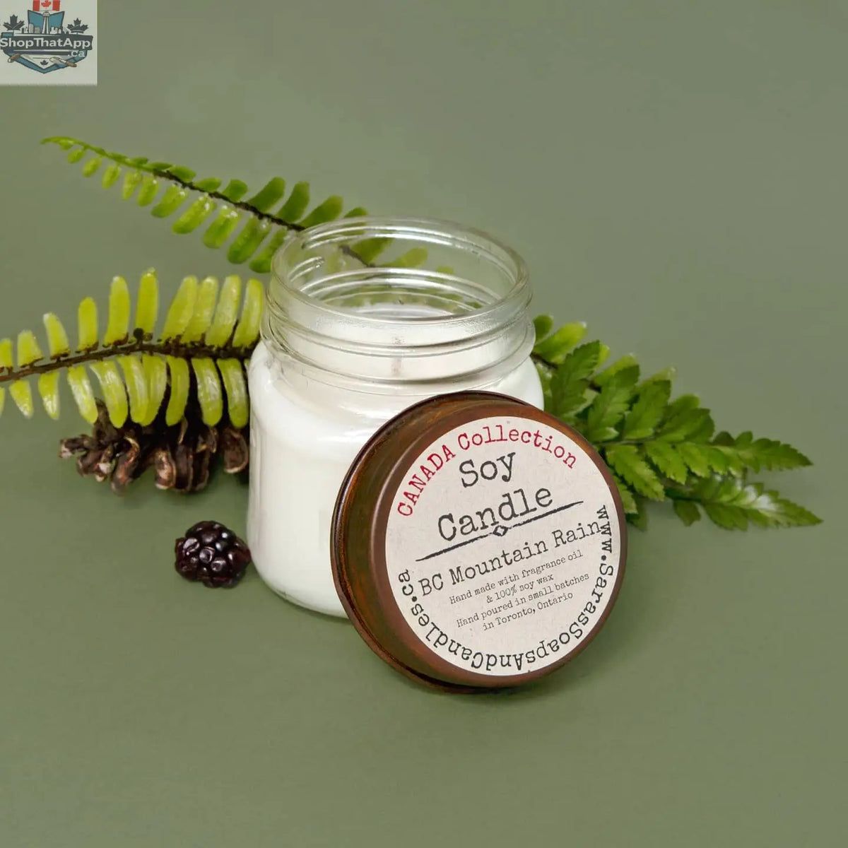 8oz BC Mountain Rain soy candle by Stopandsmellthecandles, featuring a natural aroma and fresh mountain rain scent, in a glass jar.