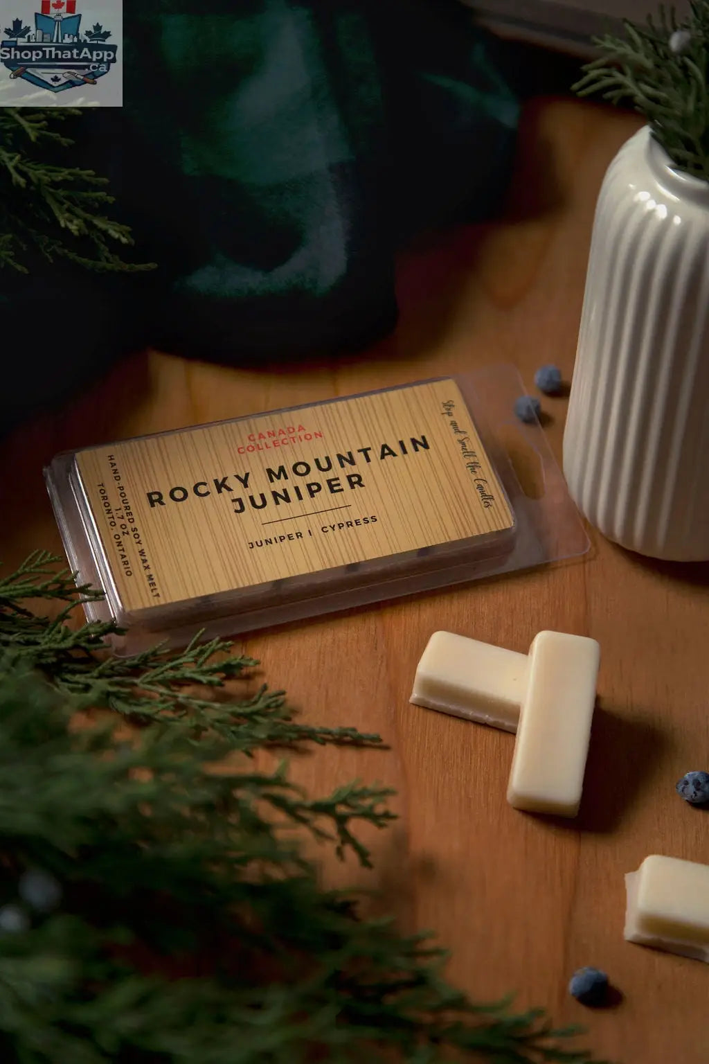 Rocky Mountain Juniper wax melt bar by Stopandsmellthecandles, showcasing the 1.75oz wax melt in a natural scent packaging.