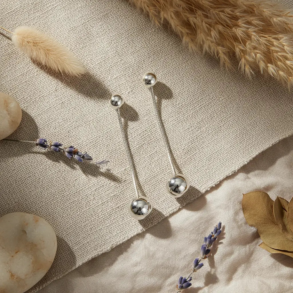 Grey stainless steel hanging ball stud earring by Suzie Blue Canada, featuring a sleek, minimalist design with a ball charm.