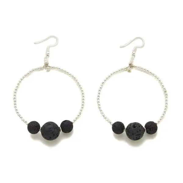Lava stone hoop earrings with silver plate triple ball design by Suzie Blue Canada, showcasing the stylish jewelry detail.