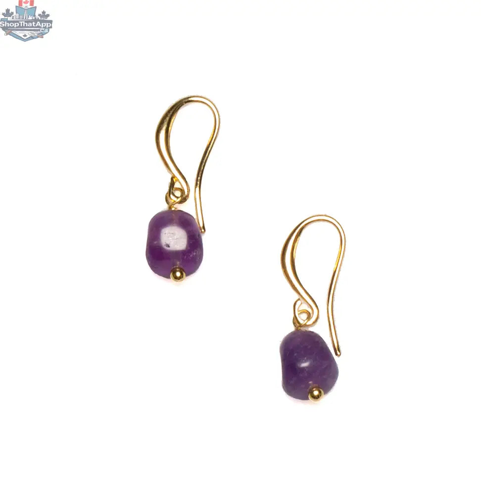 Simple amethyst drop earrings in gold plate featuring teardrop-shaped amethyst stones, stylish and elegant jewelry by Suzie Blue Canada.