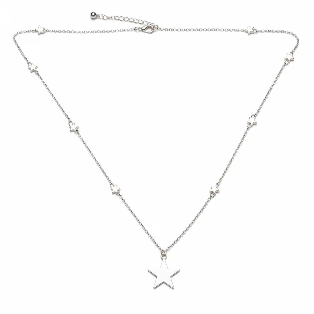 Silver plated star chain necklace by Suzie Blue Canada featuring a star on star design, stylish jewelry accessory.