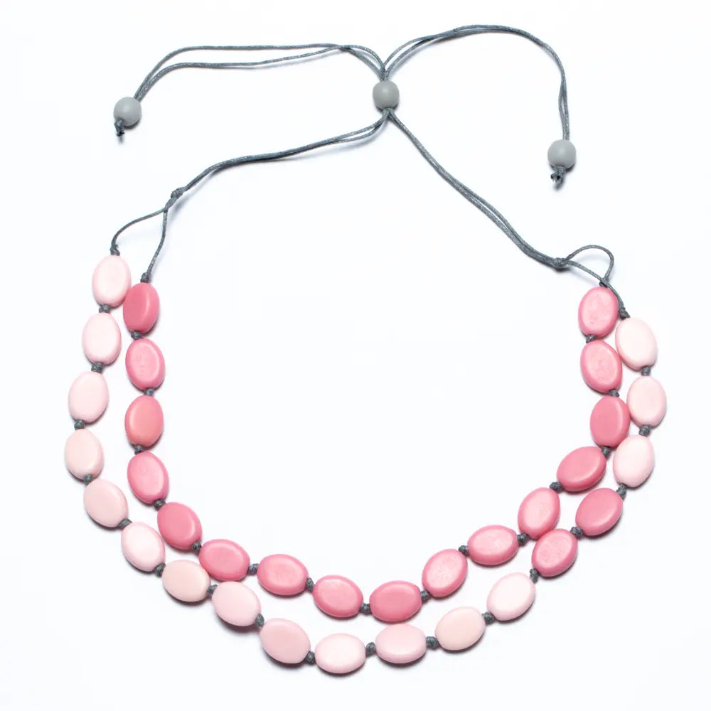 Silver and pink resin double strand necklace by Suzie Blue Canada featuring a two-tone, elegant design suitable for stylish wear.