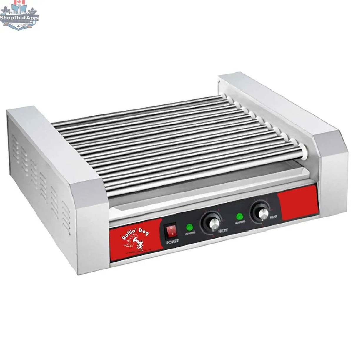 Rollin' Dog Hot Dog Roller Grill by The Canada Popcorn Company with 11 rollers for grilling hot dogs.