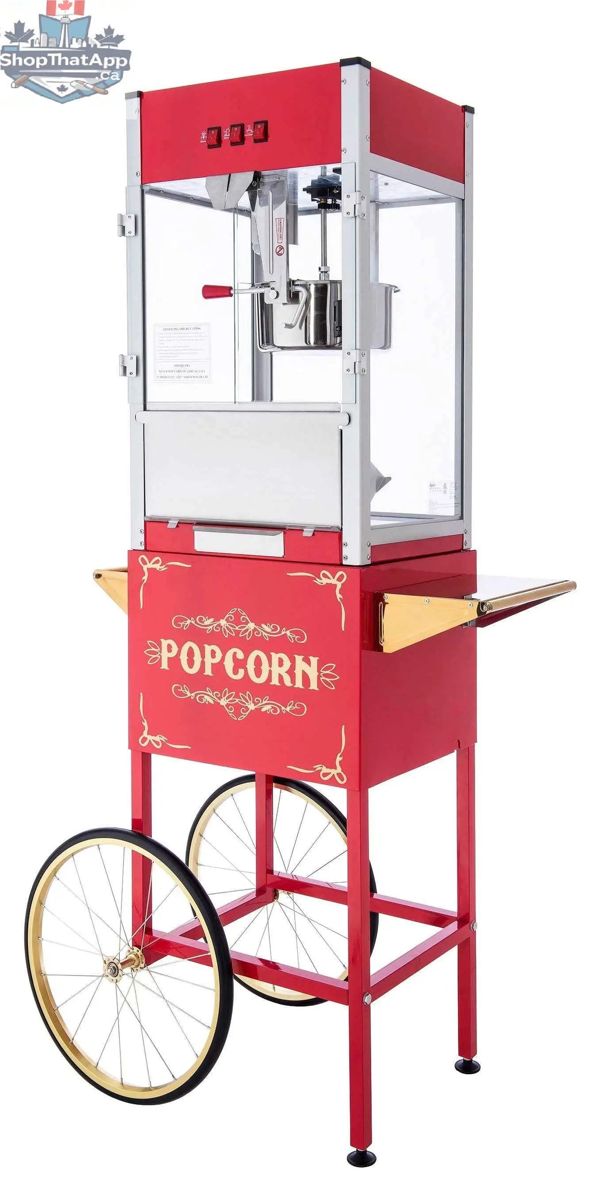 12oz red Canadian popcorn machine with stand by The Canada Popcorn Company, commercial quality for movie nights or events.