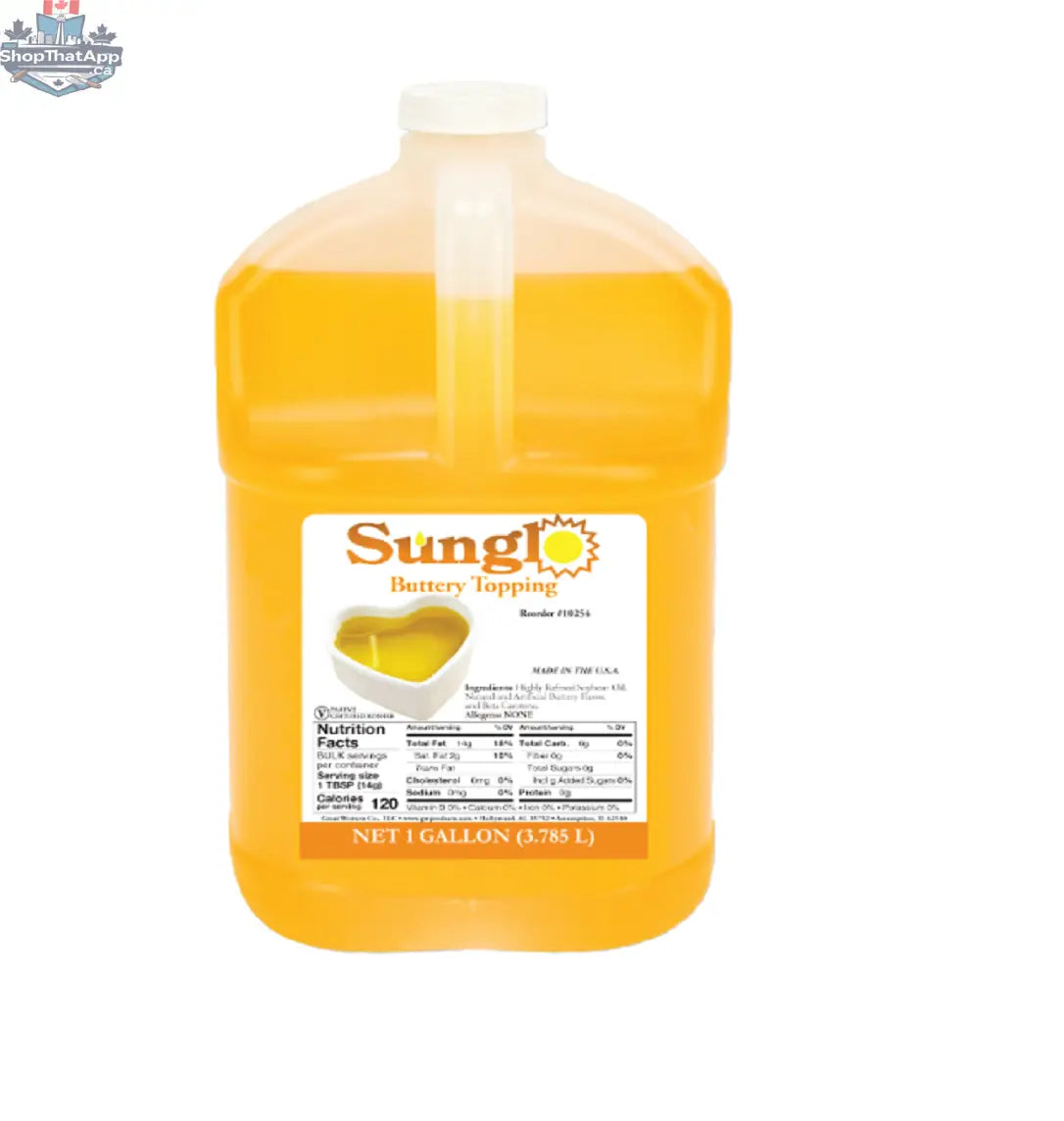 Sunglo Buttery Topping in a 1-gallon container, made by The Canada Popcorn Company, ideal for popcorn and snack toppings.