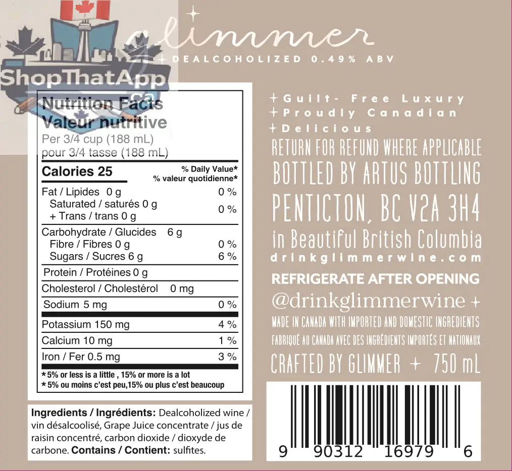 Glimmer Sparkling Blanc de Blancs 250mL - Effervescent Refreshment - Shopthatapp.ca