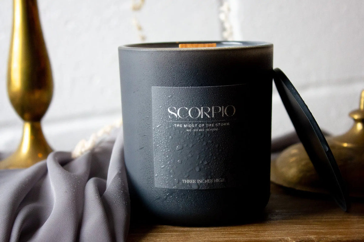 Scorpio Soy Wax Candle by Three Inches High, 8oz natural soy wax in a decorative jar, perfect for zodiac lovers.