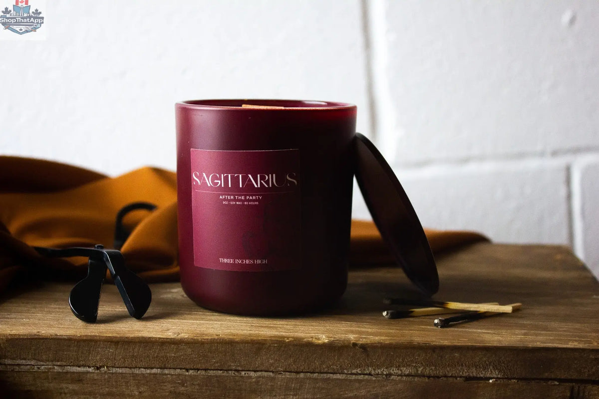 Sagitarius soy wax candle in 8oz handcrafted aromatherapy candle with label, natural beige color, and wick, by Three Inches High.