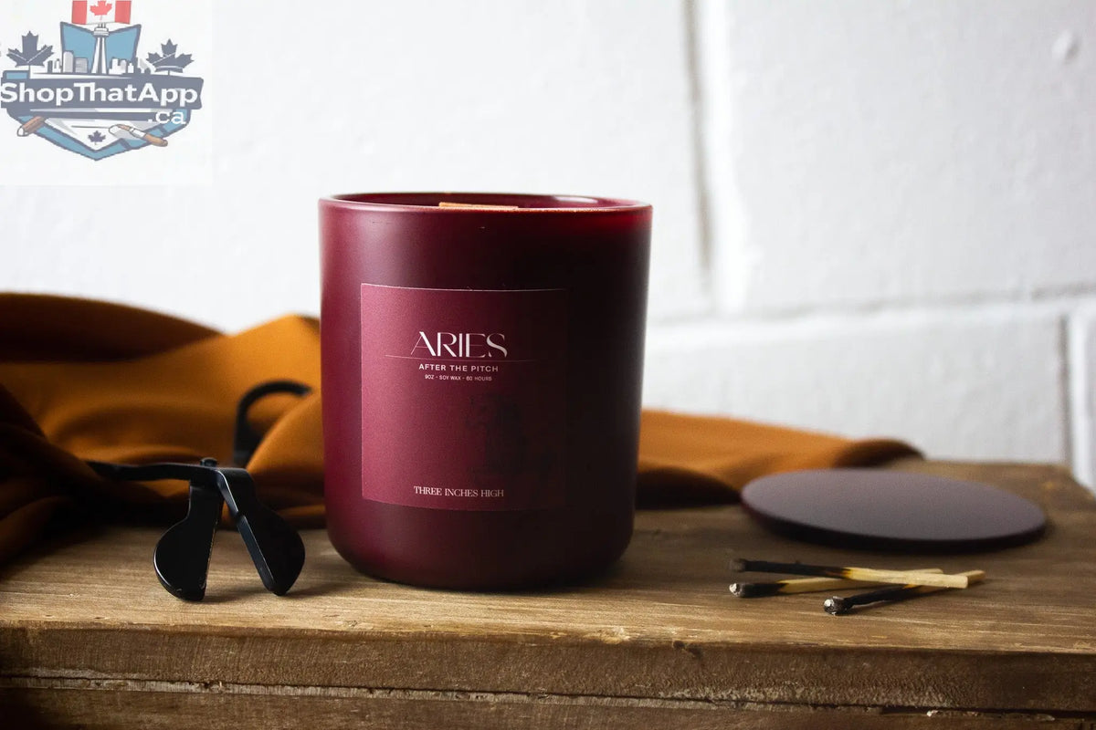 8oz Aries soy candle by Three Inches High featuring natural soy wax, zodiac-inspired design, perfect for astrology enthusiasts.