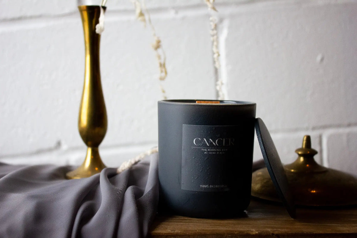 8oz soy wax cancer awareness candle by Three Inches High, featuring support and comfort message in a decorative candle.