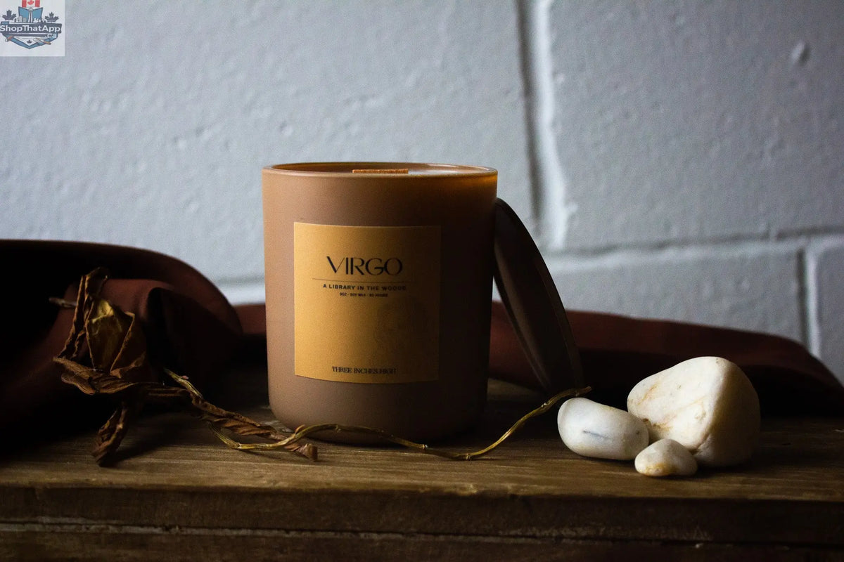 Handcrafted 8oz Virgo Soy Wax Candle by Three Inches High, featuring a clean white jar and a natural cotton wick.
