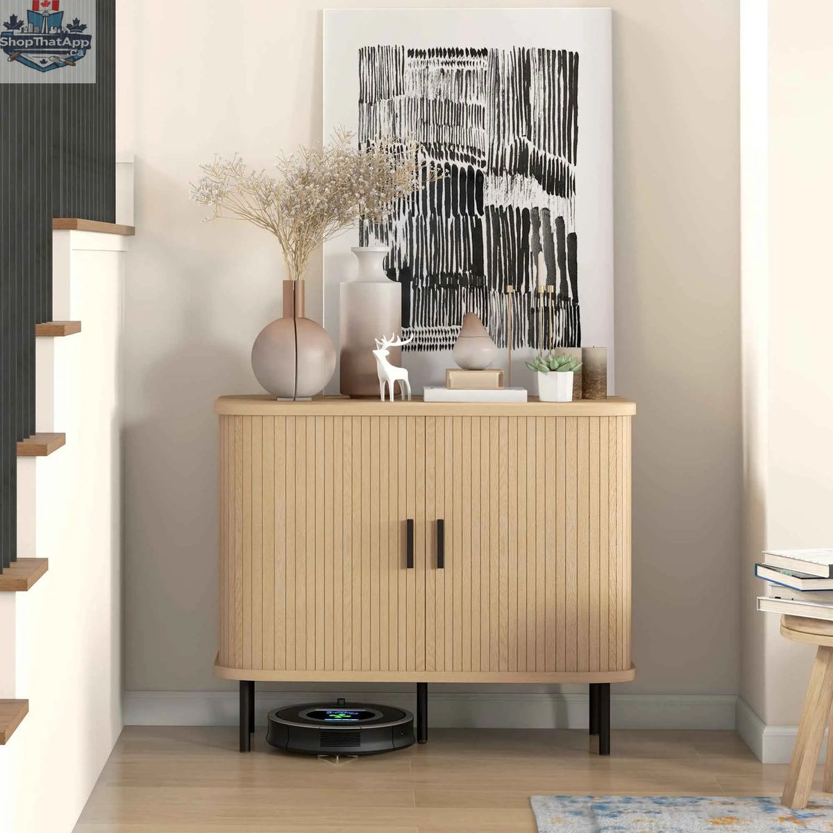 Oak Aspen sideboard cabinet with slatted tambour doors, 35.4 inches, by SLOTH Nation, showcasing a stylish storage solution.
