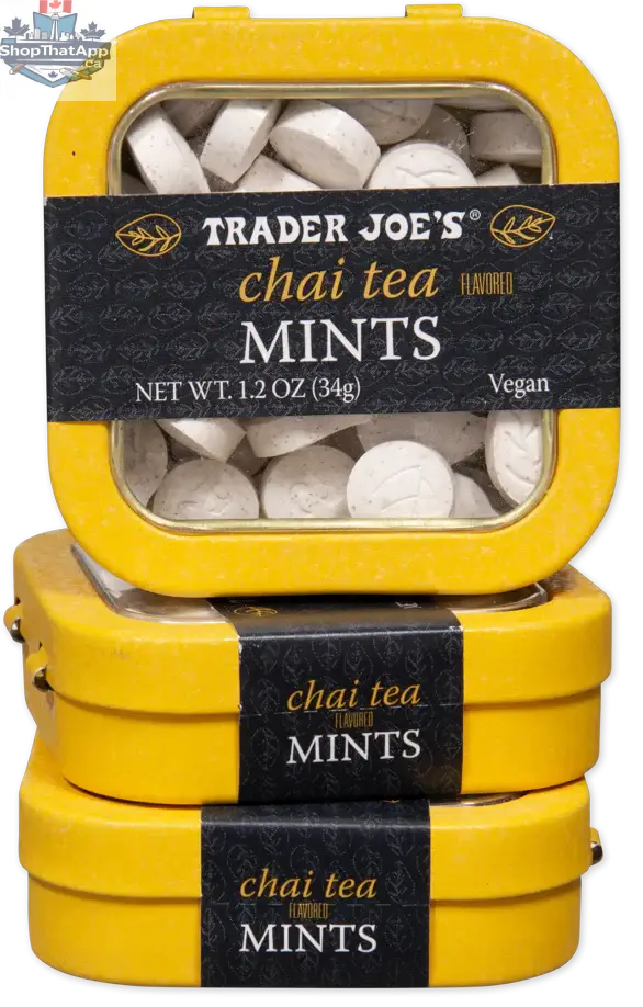 Trader Joe's Chai Tea Mints in 34g package by Vancou-Vert Trading Ltd., showing the mints and packaging.