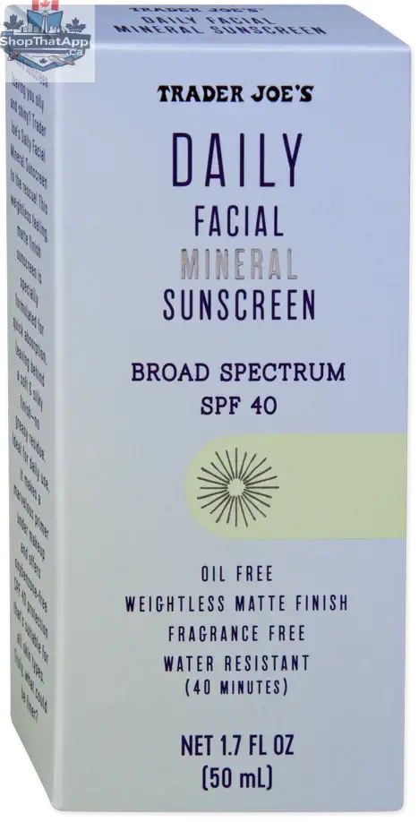 Trader Joe's SPF 40 facial mineral sunscreen by Vancou-Vert Trading Ltd. in a 50mL tube, suitable for daily skin protection.