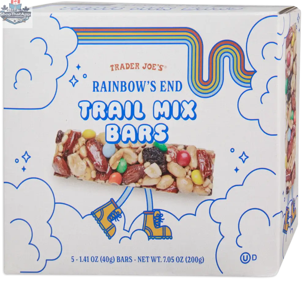 Trader Joe's Rainbow's End Trail Mix Bars by Vancou-Vert Trading Ltd., 200g, showing colorful fruit and nut-filled snack bars.