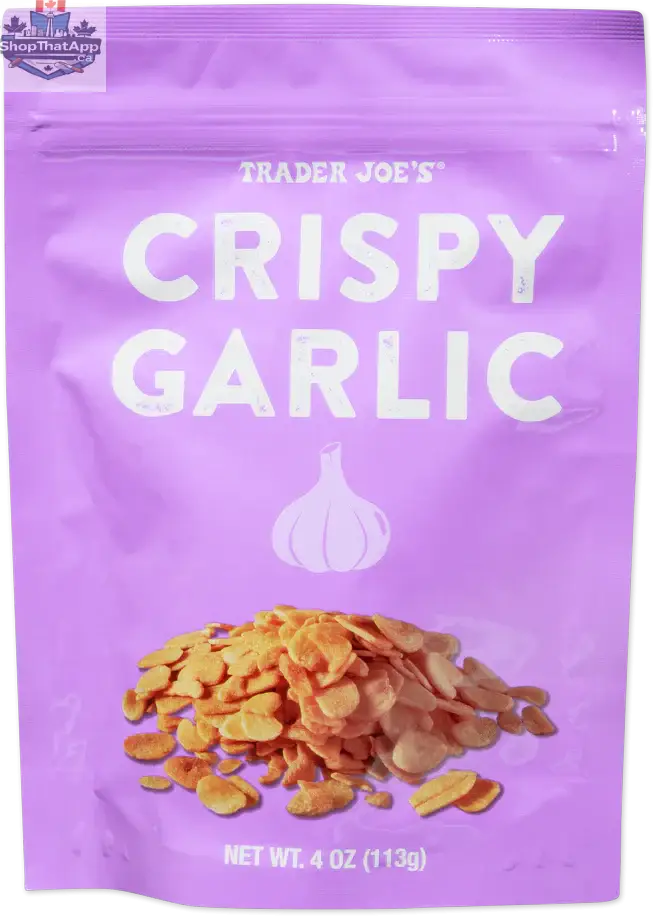 Trader Joe's Crispy Garlic by Vancou-Vert Trading Ltd., close-up of golden, crunchy garlic flakes in a 113g package.