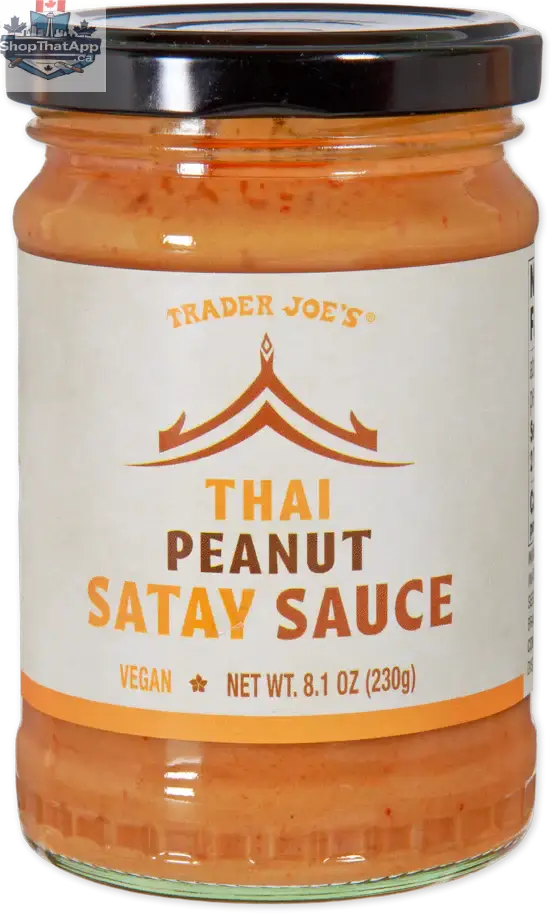 Trader Joe's Thai Peanut Sauce by Vancou-Vert Trading Ltd., savory satay sauce in 230g jar, ideal for dips and stir-fry dishes.