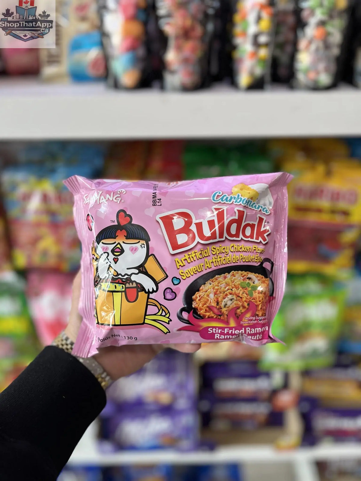 Spicy Buldak Chicken Carbonara instant noodles chips by Snack Bar Co, crispy snack with bold flavors and fiery seasoning.
